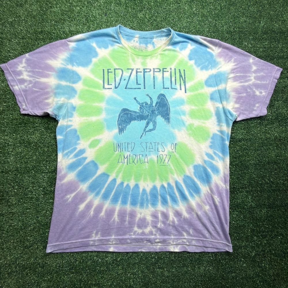 Led Zeppelin 1977 US Tour Tie Dye Graphic T-Shirt Mens XL Blue Green Purple